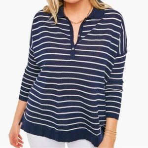 Tuckernuck Navy White Stripe Clayton 3/4 Sleeve Polo linen blend sweater.